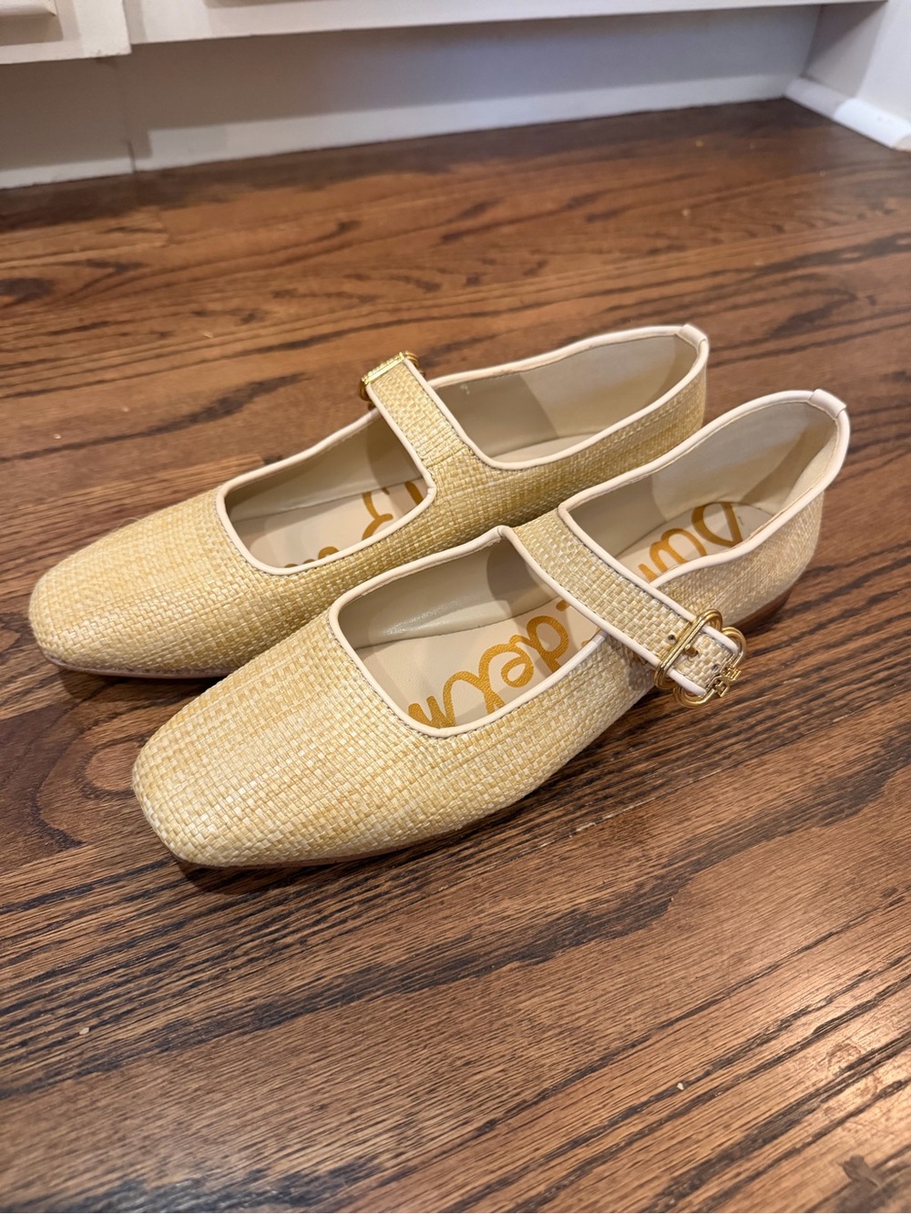 Sam Edelman Pale Yellow Straw Mary Jane Flats with Gold Buckle